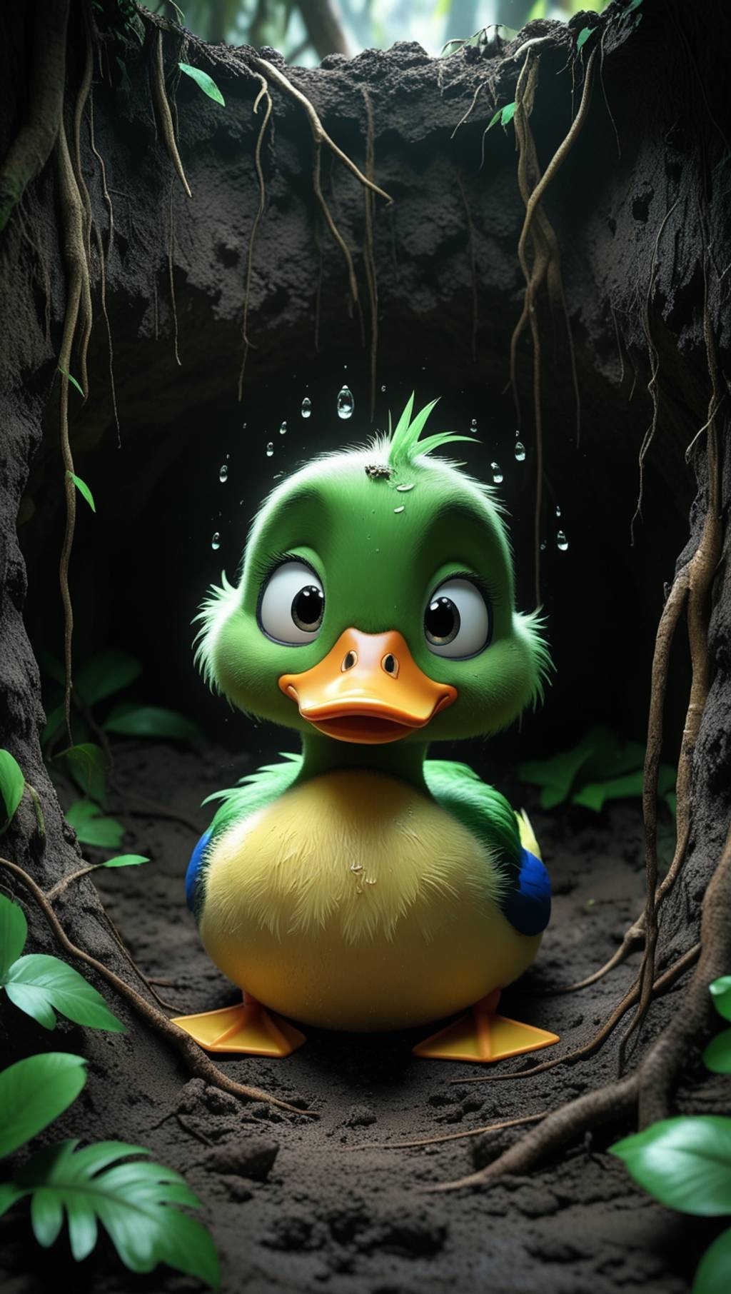 "A realistic cartoon-style duck sitting ...