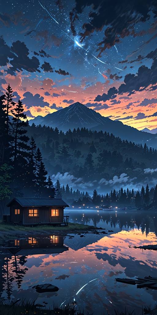 A realistic night scene of a calm lake w...
