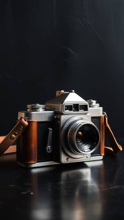 A vintage film camera with a sleek, meta...
