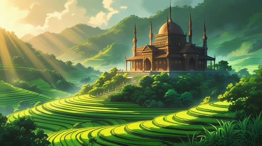 A majestic mosque with intricate wooden ...