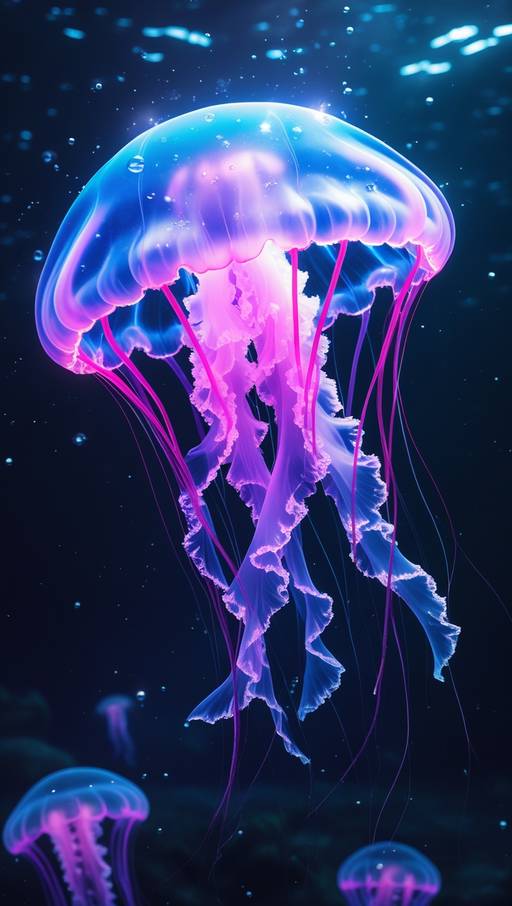 A glowing, translucent jellyfish with vi...
