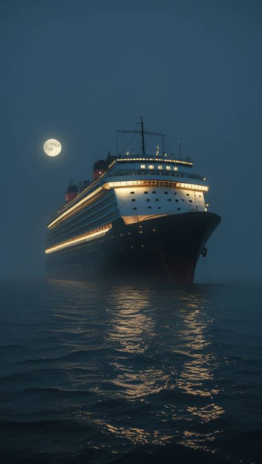 Foggy open sea at night, with a massive ...