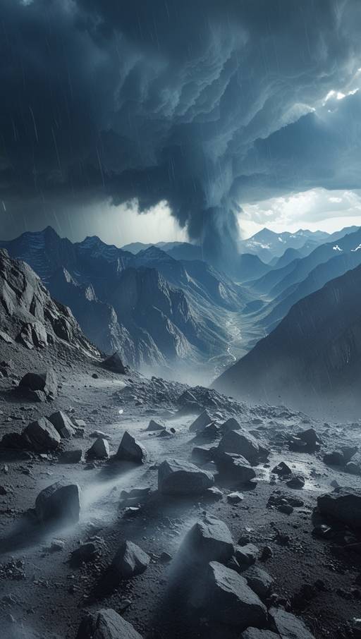 "A dramatic wide shot showing the mounta...