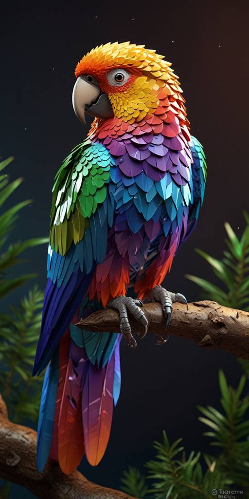 A full-body parrot on a branch, carved f...