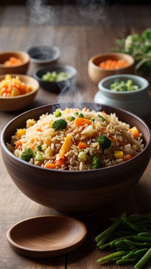 “Colorful vegetable fried brown rice in ...