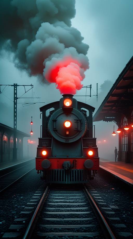 A dark, old-fashioned haunted train arri...