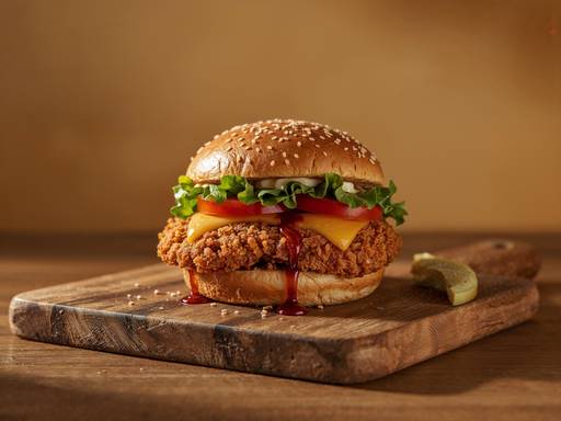 A delicious crispy chicken burger restin...